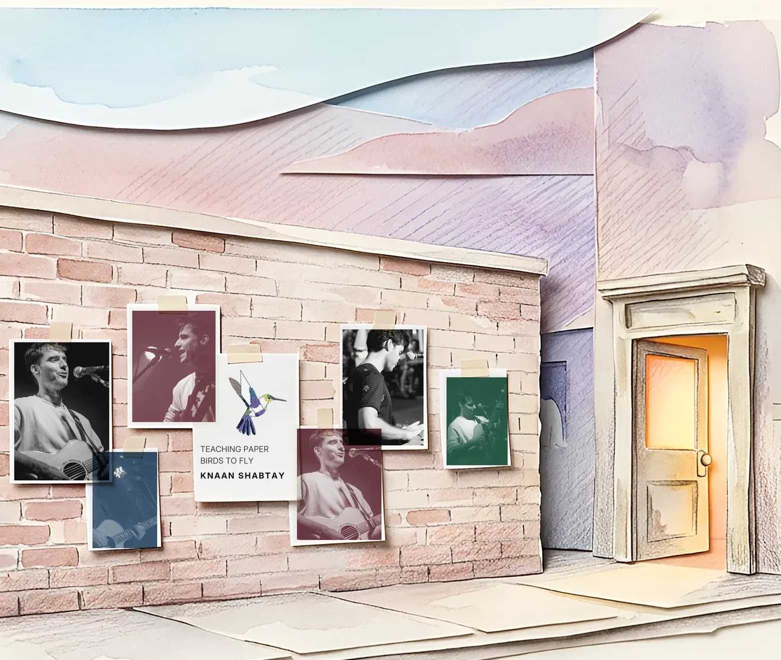 Paper diorama of a small venue at dusk: a brick wall covered in posters of Knaan Shabtay and a glowing open door